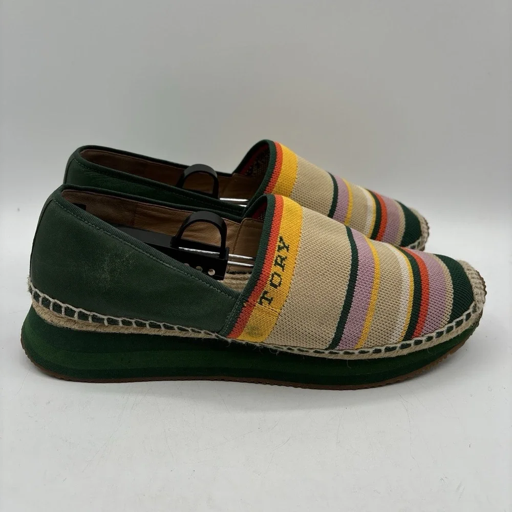 Tory‎ Burch Daisy Espadrille Slip On Sneakers Women's 10 M Knit Striped Green